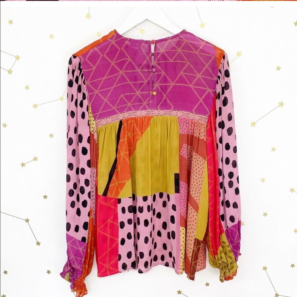 Anthro • Pink Rosy Bloom Polka Dot Miranda Peasant Blouse